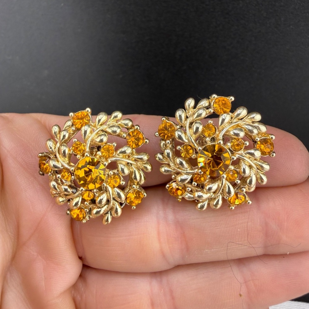 Vintage Star‎ Rhinestone Clip On Earrings Orange Gold Tone
